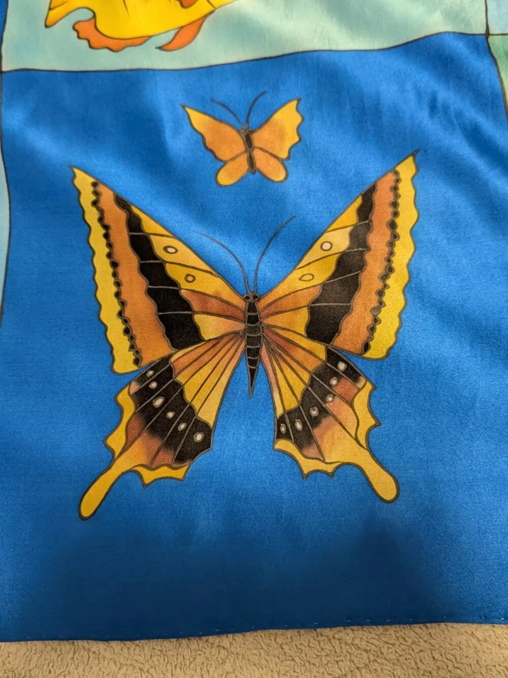 Vintage Hand Painted Silk Scarf 33x36 Abstract Butterfly Fish Floral 100% Silk